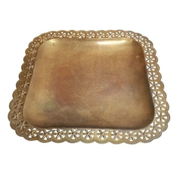 VTG 19th Century Brass Round Ball Footed Filigree Tray Square Dish Mid Century